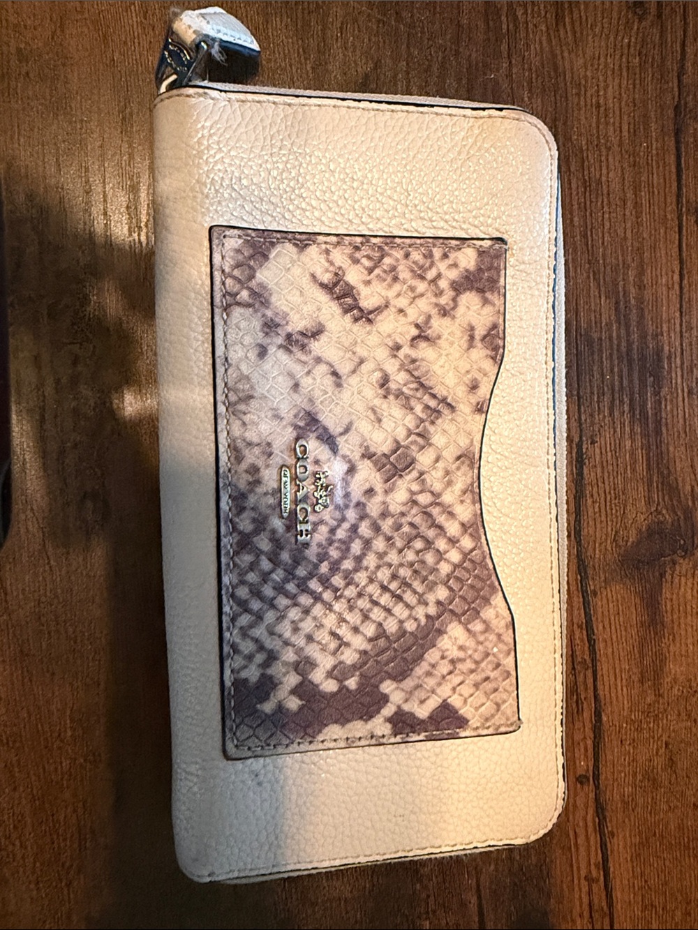 Coach Cream Leather Zip Wallet with Taupe Snake-Print Pocket